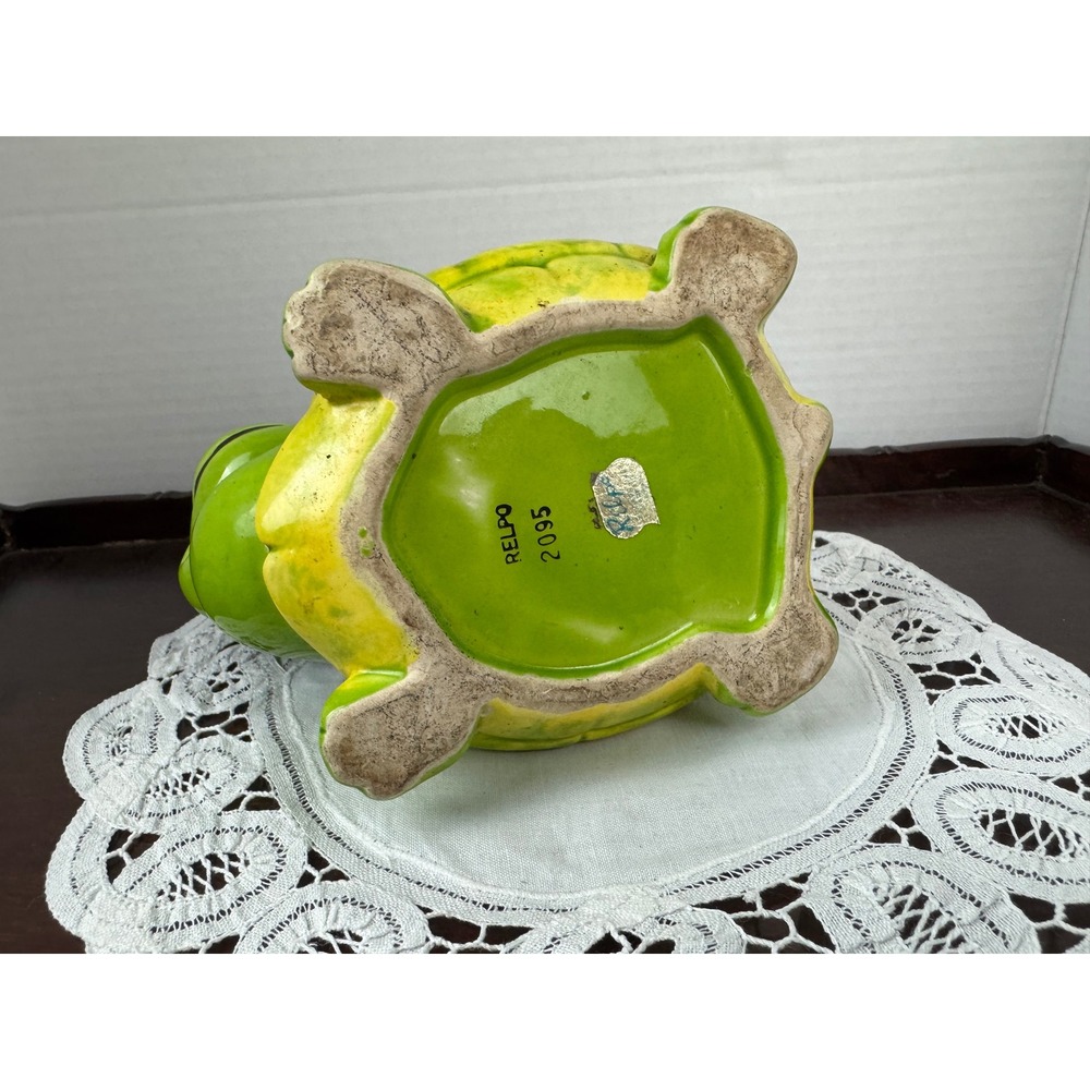 Vintage Ceramic Turtle Planter Green Yellow Anthropomorphic Tortoise Figurine - Picture 10 of 10